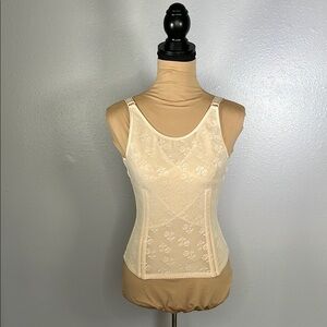 Cream Floral Mesh Corset body shaper Shapewear – Lace Waist Cincher Top, Size M